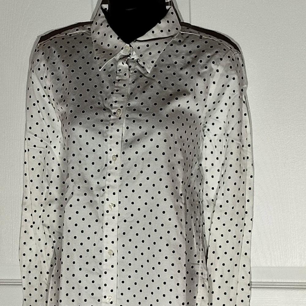 Navy polka dots on white button down shirt